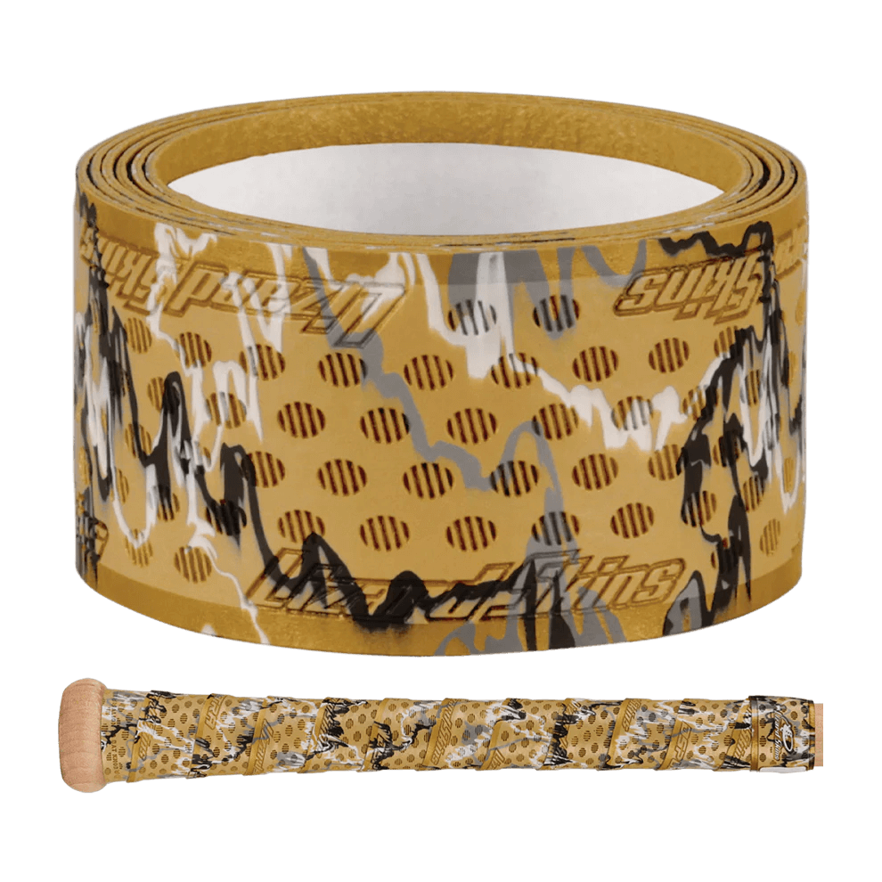 Lizard Skins DSP Ultra Bat Grip in Gold Camo, featuring an oval pattern and multi-directional ridges for improved performance.