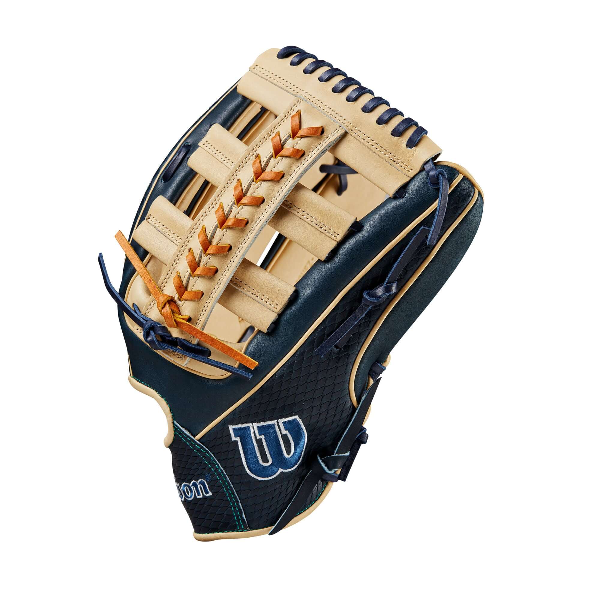 Wilson A2000 Julio Rodriguez glove in Navy Blue and Blonde with modified wrist strap and wider pinky stall, 12.75 inches.