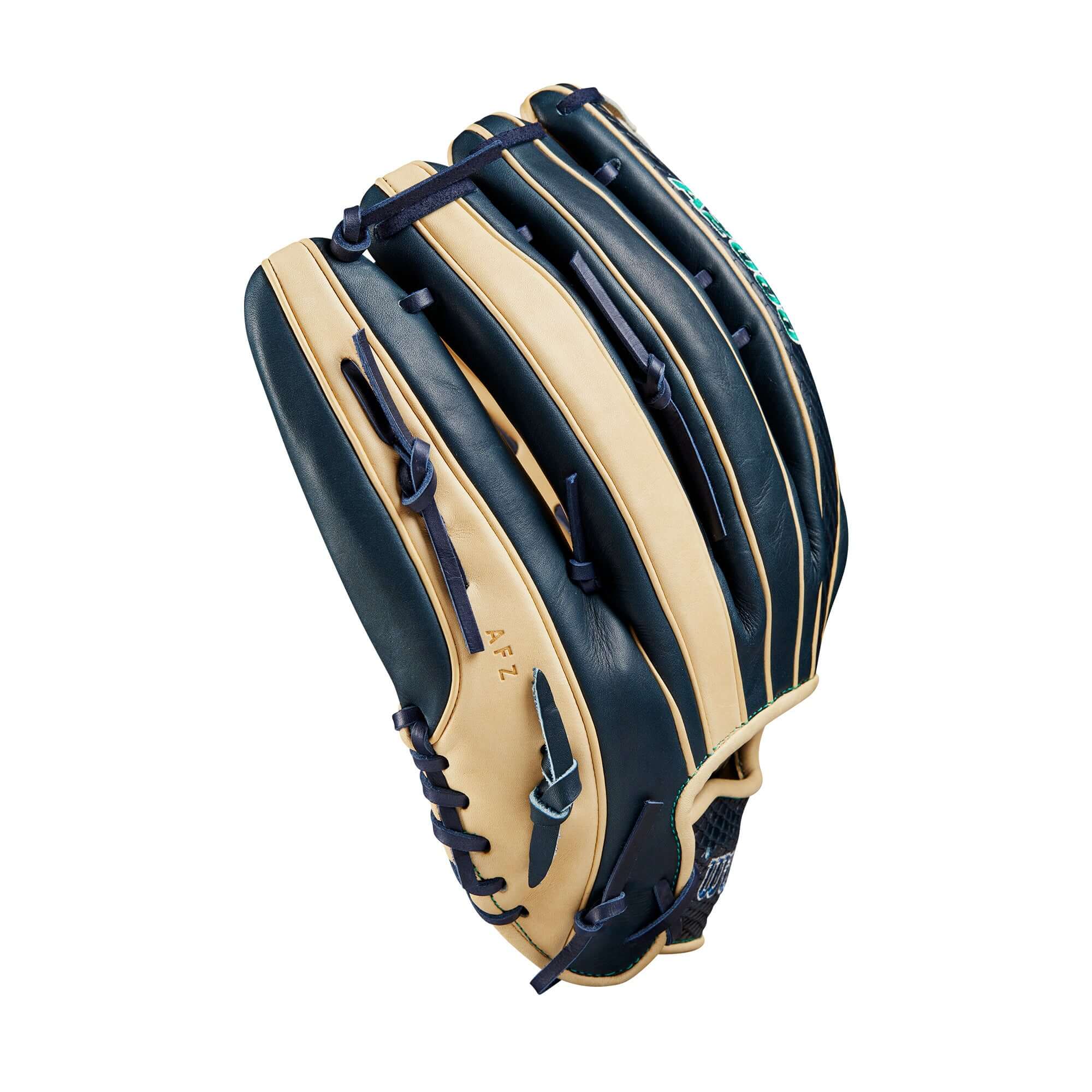 Wilson A2000 JR44 GM glove in navy blue and blonde, featuring modified wrist strap and wider pinky stall for secure fit.