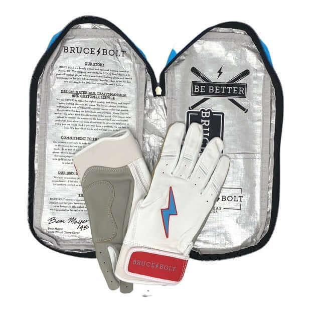 Bruce Bolt Premium Pro Brinson Series short cuff batting gloves displayed in a protective case, featuring sleek white design and logo.