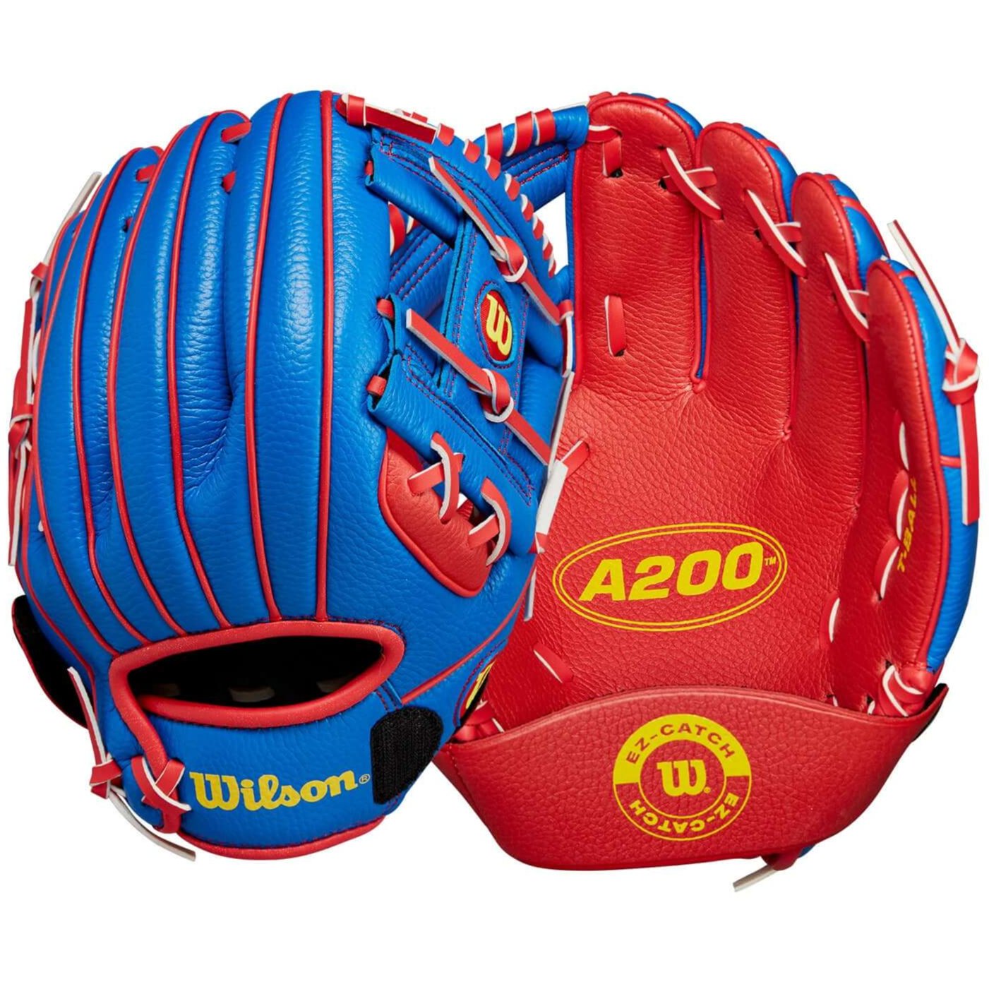 Wilson 2024 A200 EZ Catch 10" T-Ball Glove in royal blue and red, designed for young players learning to catch.