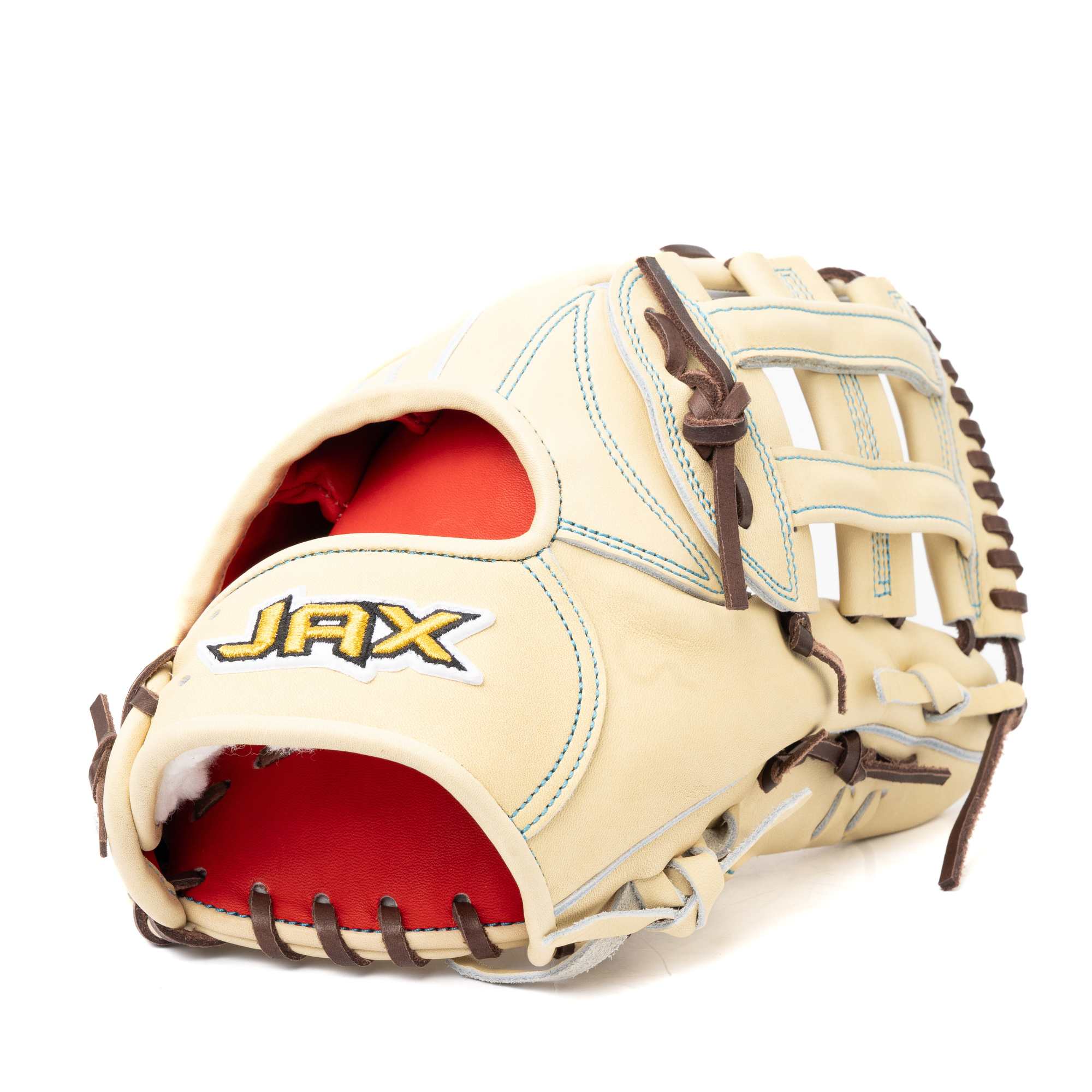 Jax LJ-10 Blonde 12.5” Outfield Glove back view showing split-gray welting and blonde steerhide construction.