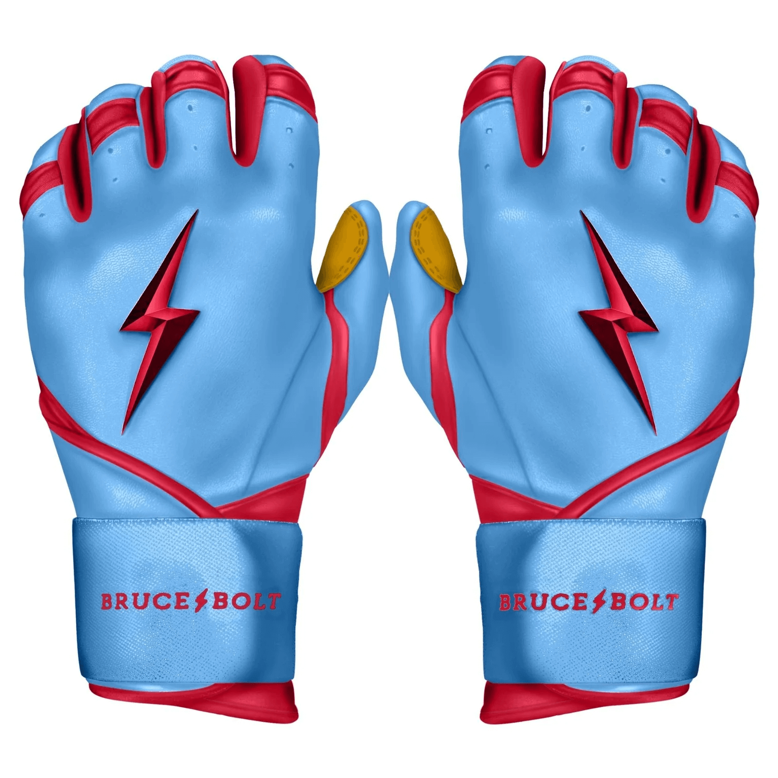 Bruce Bolt Youth Premium Pro Bader Series Baby Blue Long Cuff Batting Gloves with red accents and lightning bolt design.