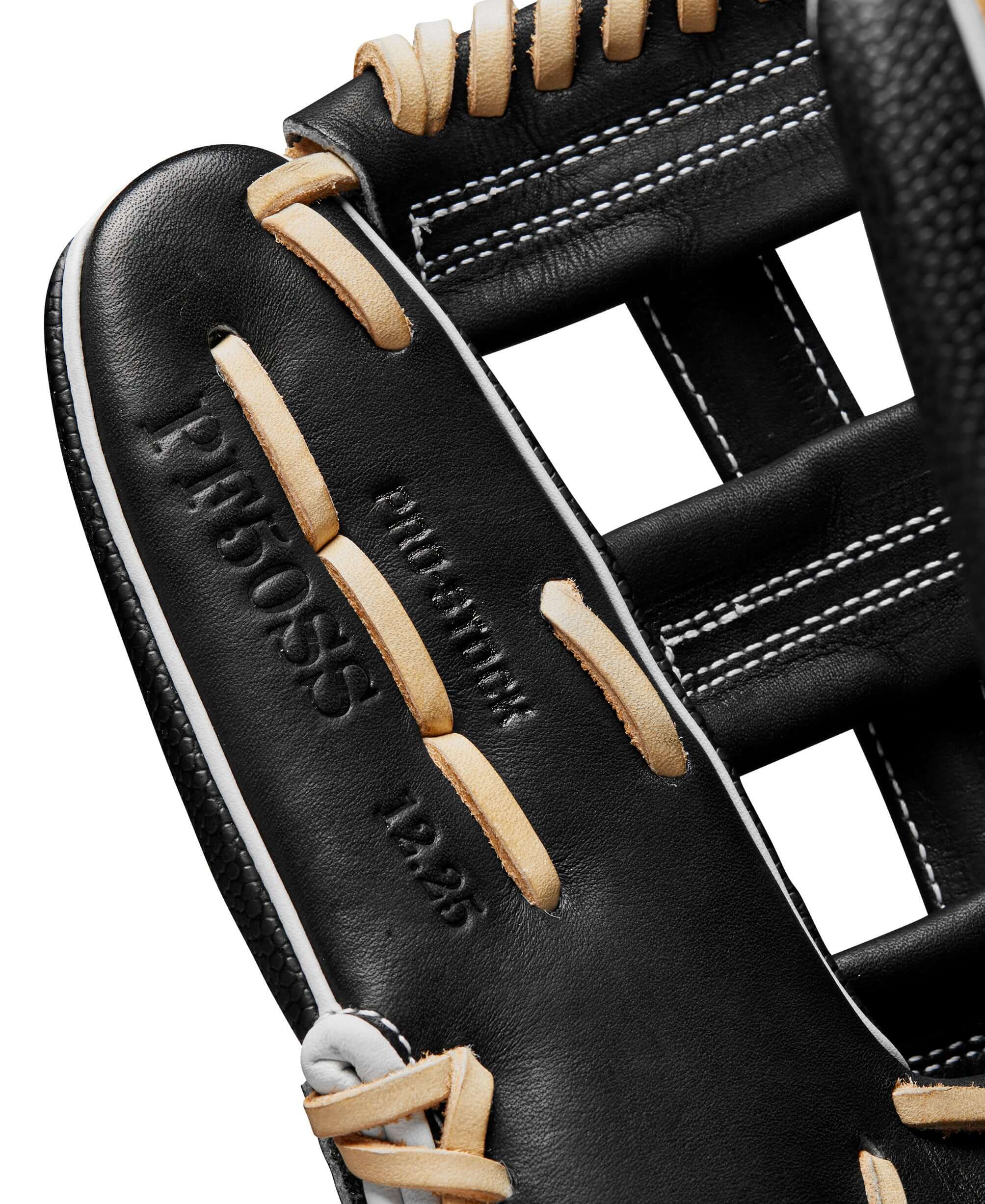 Close-up of the Wilson A2000 PF50SS 12.25" outfield glove showcasing leather details and stitching.