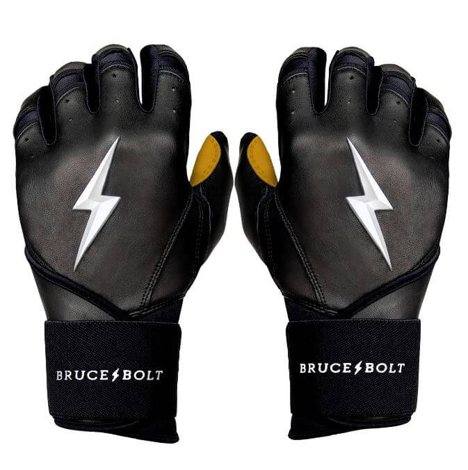 Bruce Bolt Youth Premium Pro Long Cuff Batting Gloves in black with lightning logo and reinforced palms for durability.