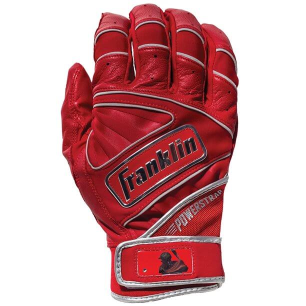 Franklin Powerstrap Chrome red batting gloves featuring premium leather and seamless palm for enhanced fit and performance.