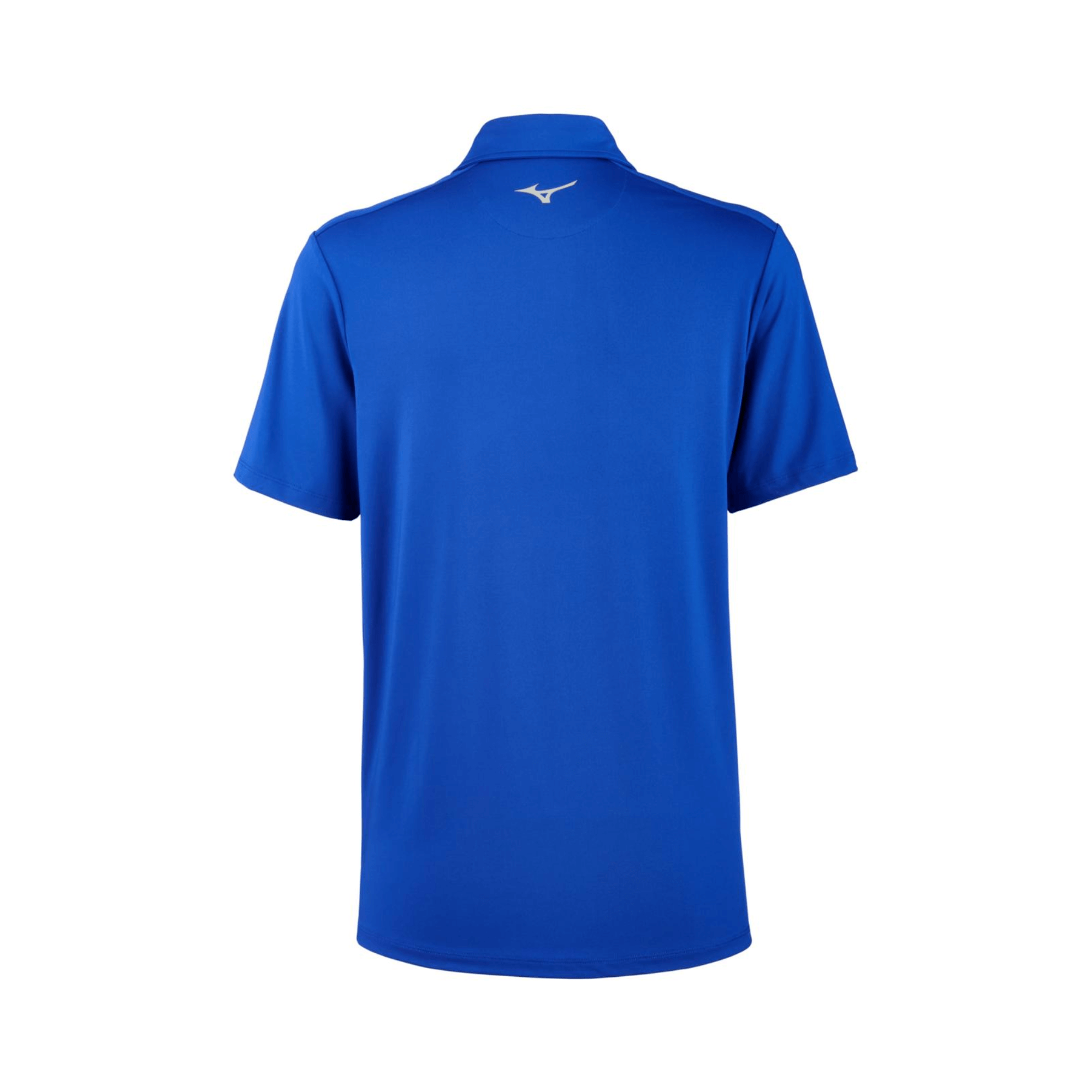 Back view of the Mizuno Accel Polo in vibrant blue, showcasing its sleek design and moisture-wicking technology.