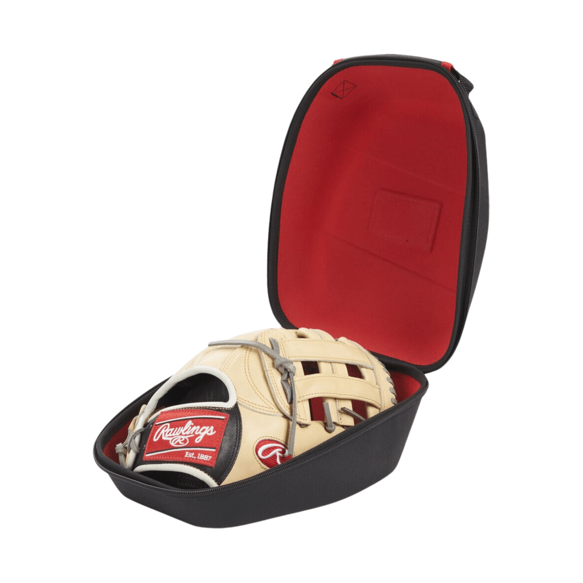 Rawlings Glove Crib hard-shell case in black, showcasing a glove inside with a red interior for secure storage and transport.
