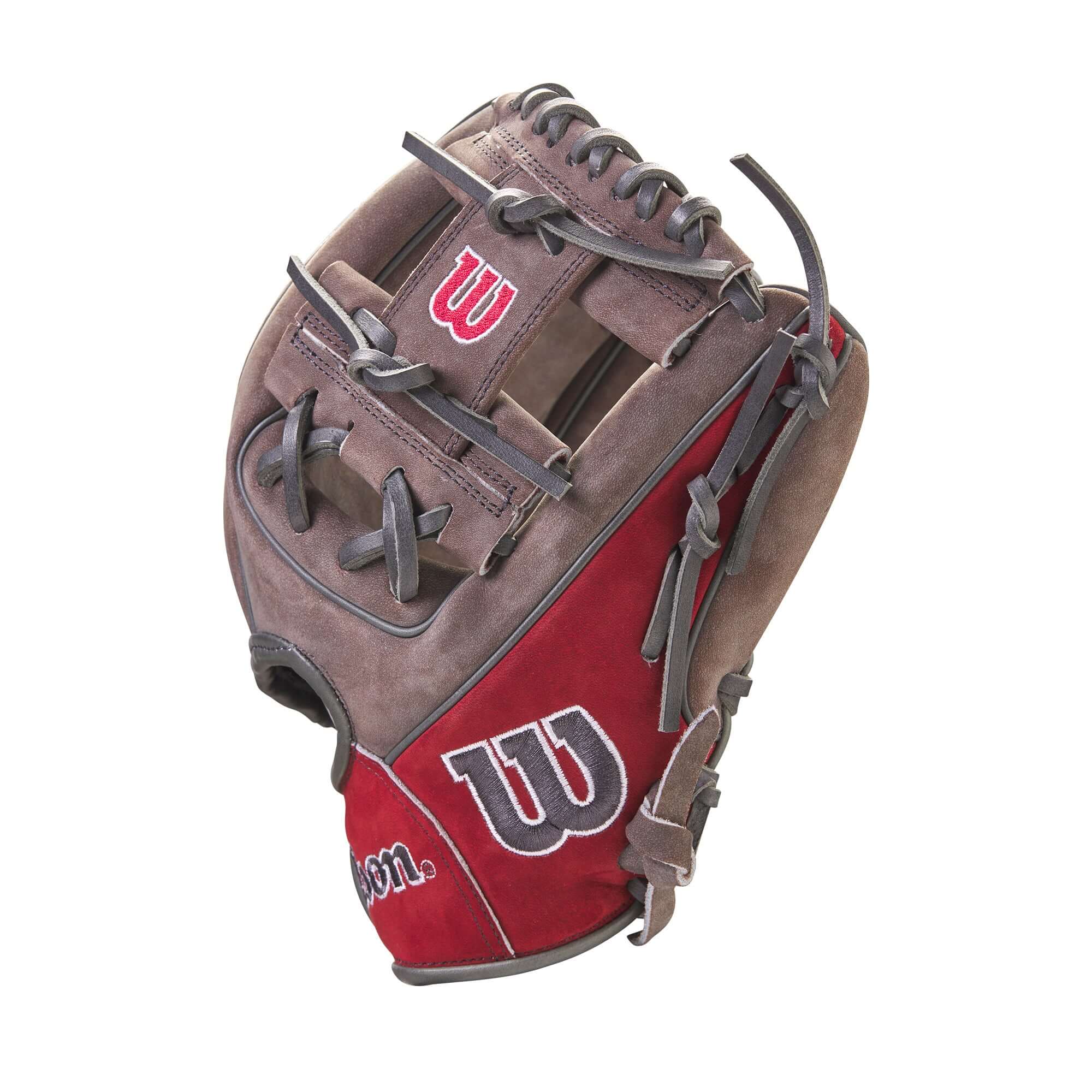 Wilson A2000 GOTM December 2023 PF88 glove, 11.25”, buffed Coal and Red Pro Stock leather, ideal for young players.