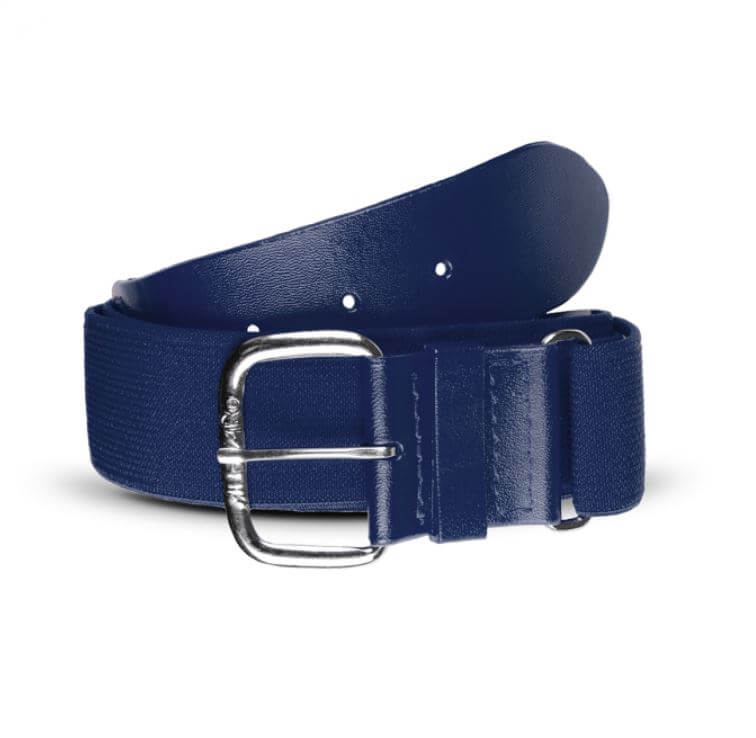 Navy adjustable elastic belt with nickel-finished buckle and solid PVC tabs for lasting durability and style.