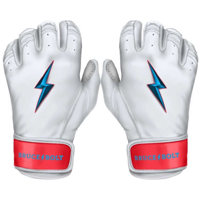 Bruce Bolt Premium Pro Brinson Series Short Cuff Batting Gloves in white with blue lightning design and red accents.