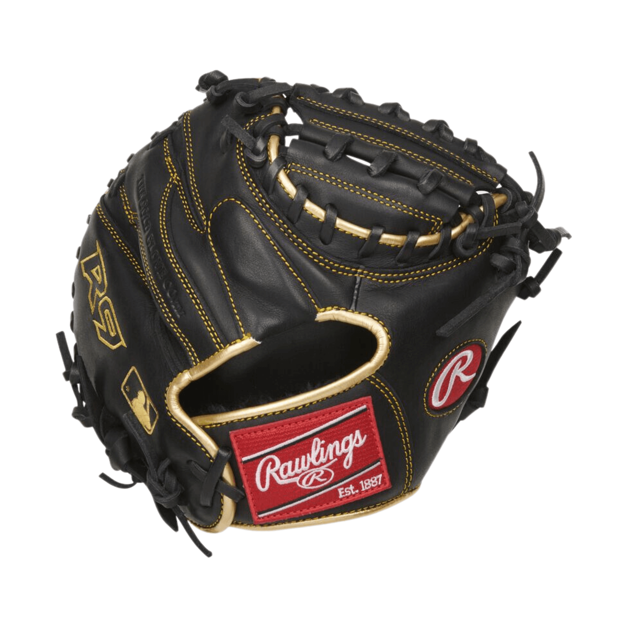 Rawlings R9 27-inch catcher's training mitt in black leather with yellow stitching and red logo.