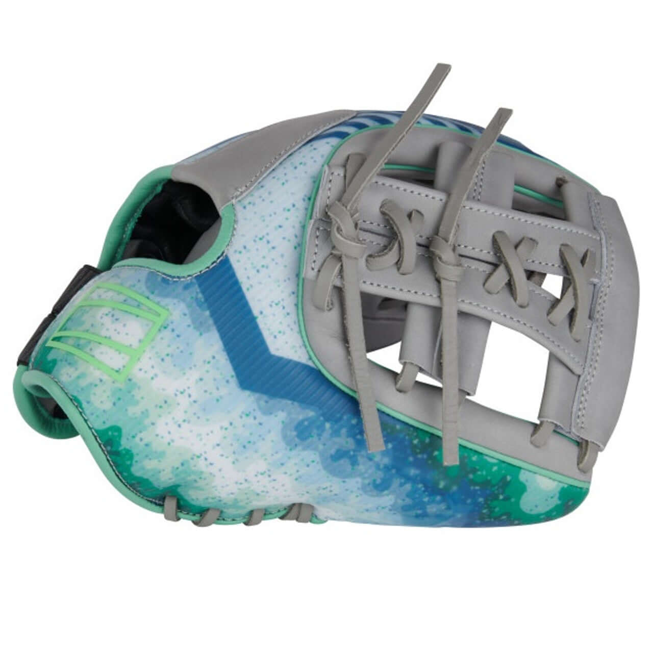 Rawlings REV1X 11.5-inch baseball glove featuring a vibrant blue and green design with high-quality leather construction.