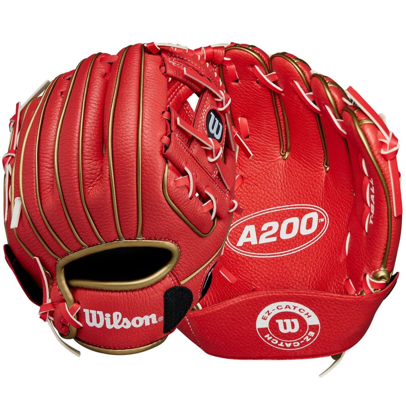 Wilson A200 EZ Catch 9" T-Ball Glove in red and gold, designed for young players with secure fit and catch assist strap.