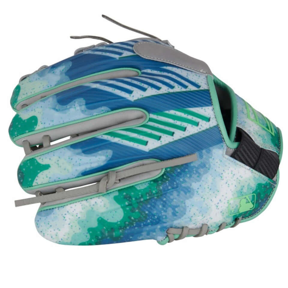 Rawlings REV1X Series 11.5-inch baseball glove featuring vibrant blue and green design, ideal for infield play.