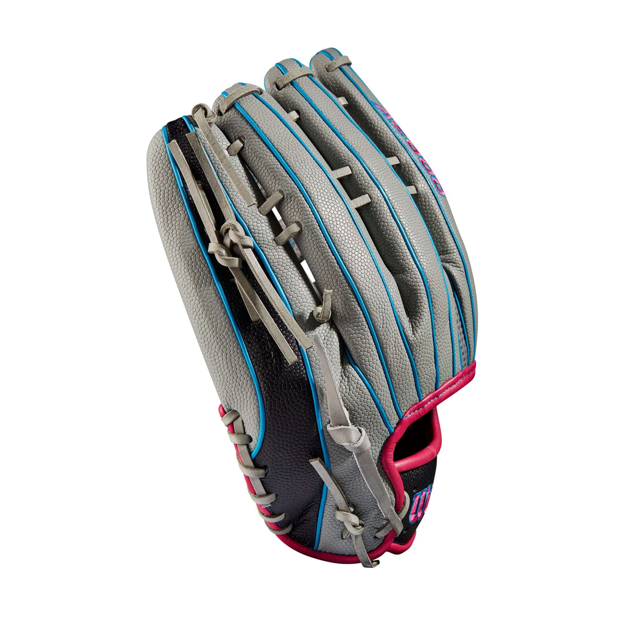 Wilson A2000 SCSP13SS 13" slowpitch softball glove in grey and black with vibrant blue and pink accents, showcasing Spin Control Technology.