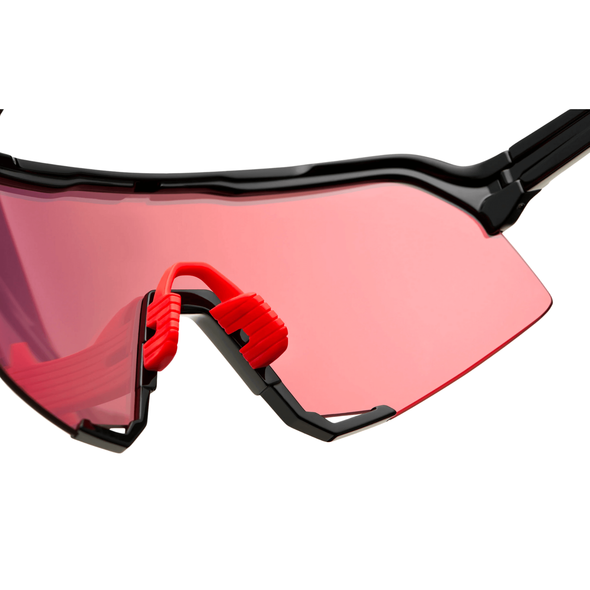 Close-up of the 100% S3 LE Elly 24 LE sunglasses with HiPER® Red Mirror lenses and adjustable red nosepiece.