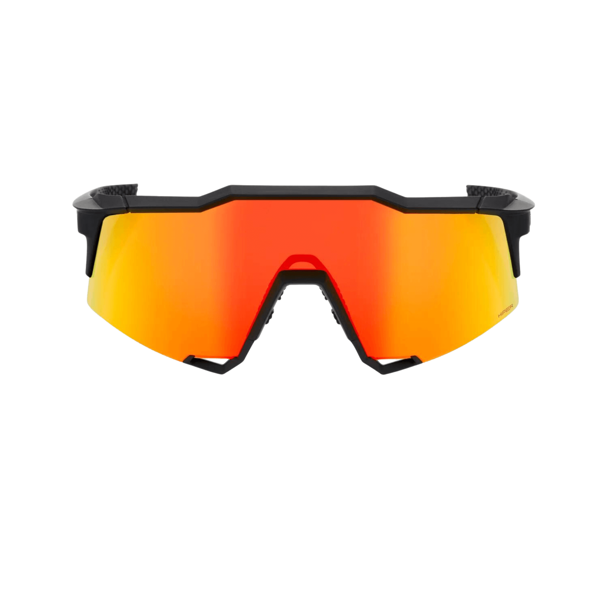100% Speedcraft Soft Tact Black sunglasses with Hiper Red multilayer mirror lens, featuring cylindrical shield design for optimal visibility.