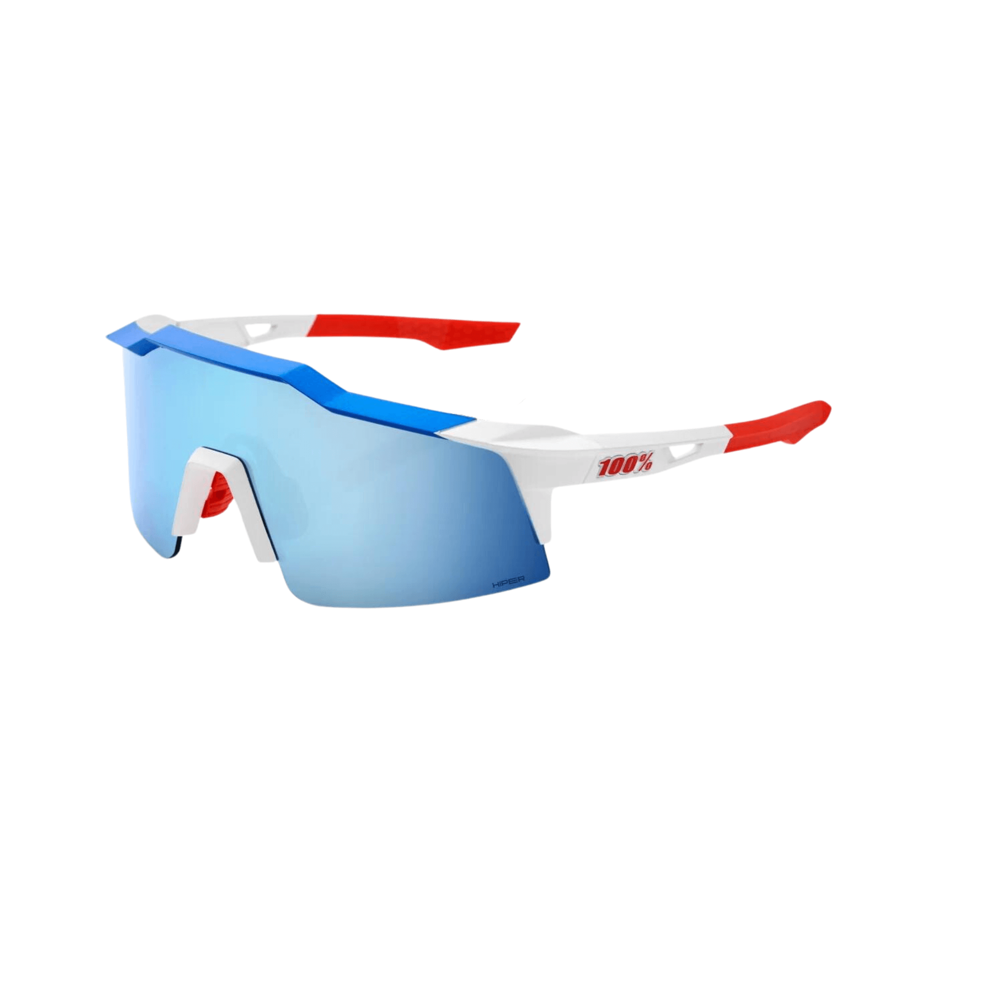 100% Speedcraft SL sunglasses in matte white with metallic blue and red accents, featuring Hiper blue multilayer mirror lens.
