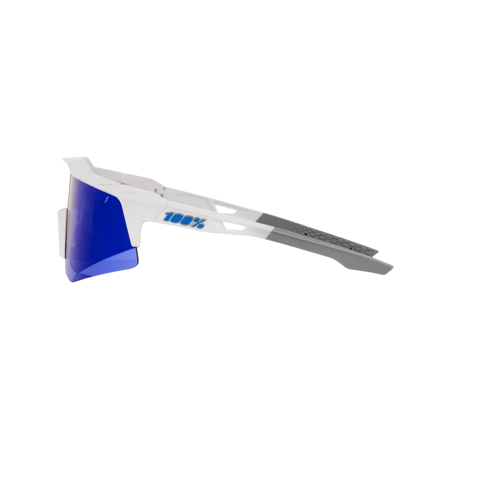 100% Speedcraft XS matte white sunglasses with blue multilayer mirror lens and lightweight design for optimal visibility.