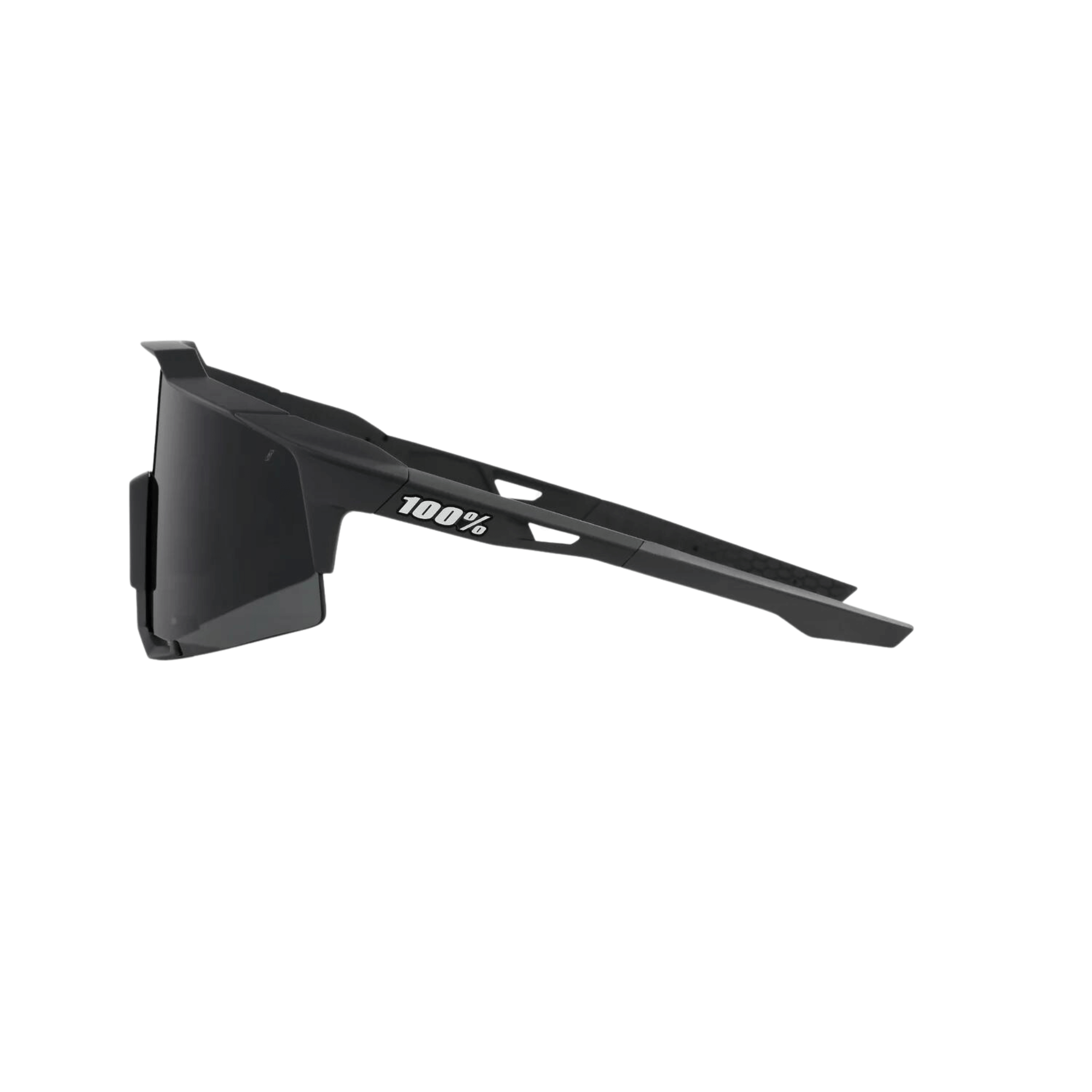 100% Speedcraft sunglasses with soft tact black smoke lens, featuring lightweight design and 360º visibility.