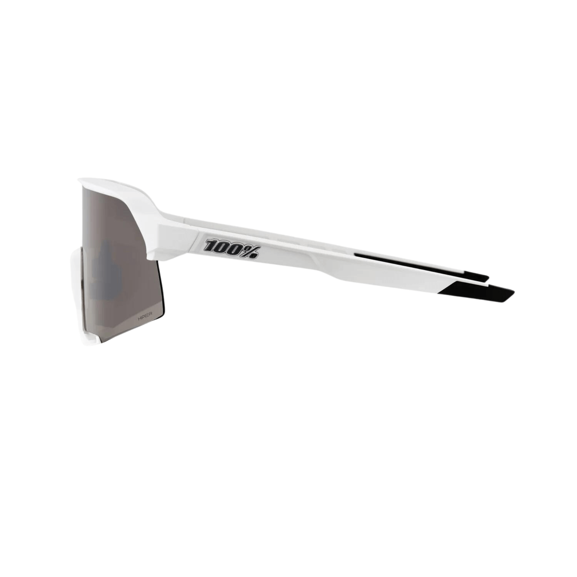 100% S3 Matte White sunglasses with HiPER Silver Mirror Lens showcasing sleek design and high-impact resistant polycarbonate frame.