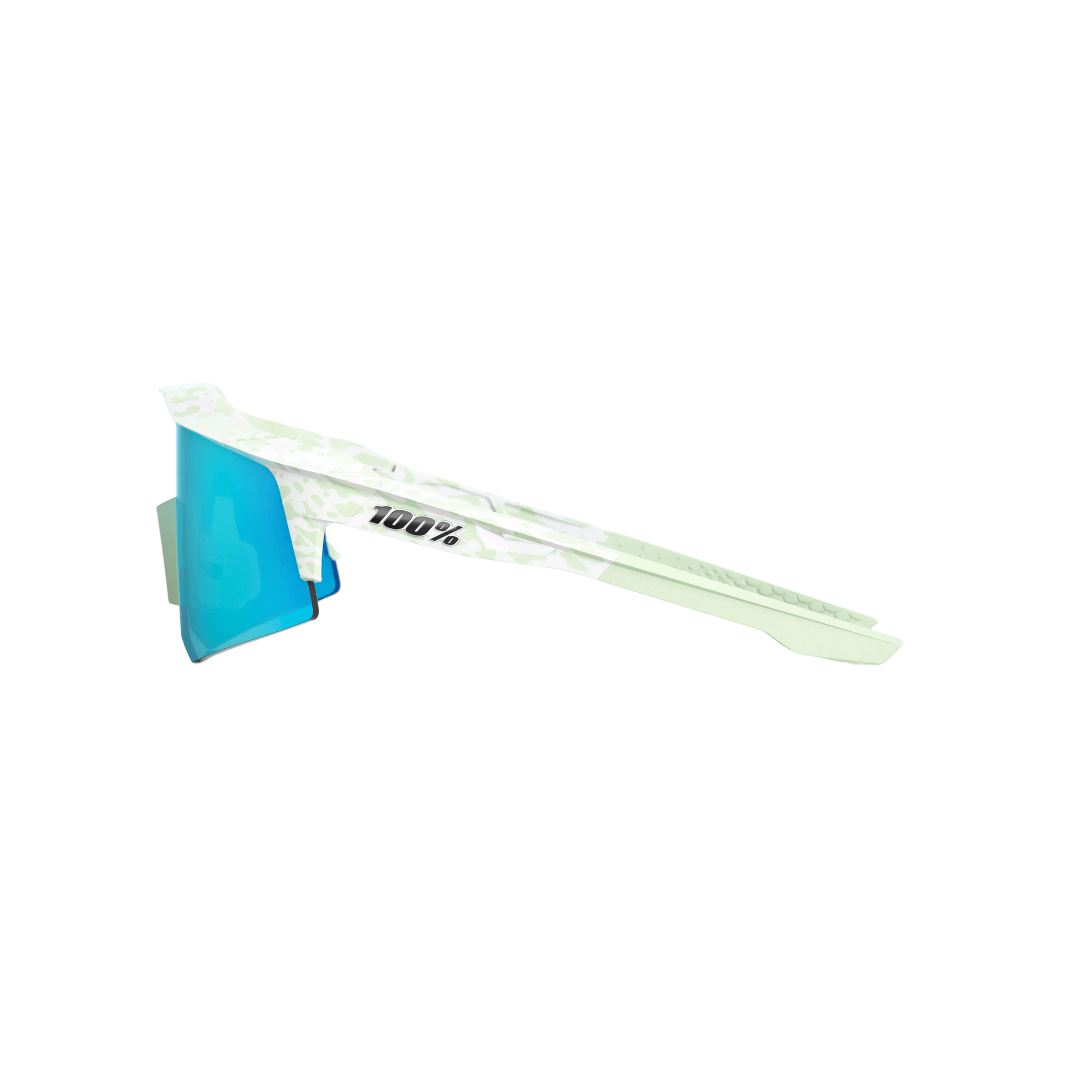 Side frame of 100% Speedcraft XS LE Elly 2 youth sunglasses in polished light green with blue topaz mirror lens