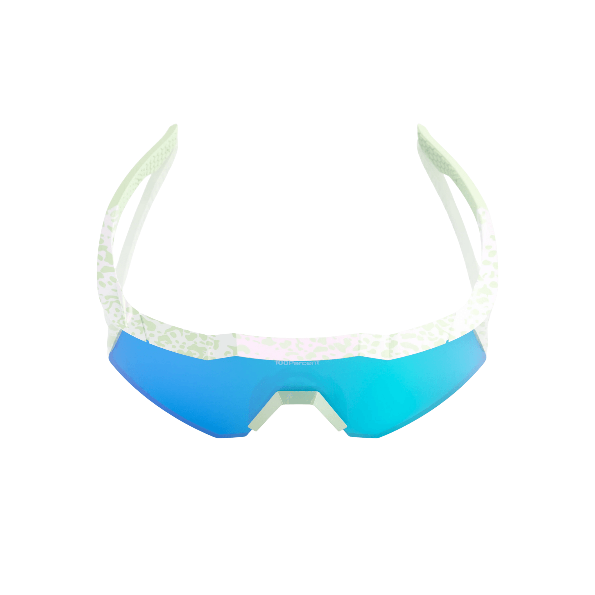 Top view of 100% Speedcraft XS LE Elly 2 youth sunglasses showing polished light green frame and green splatter design