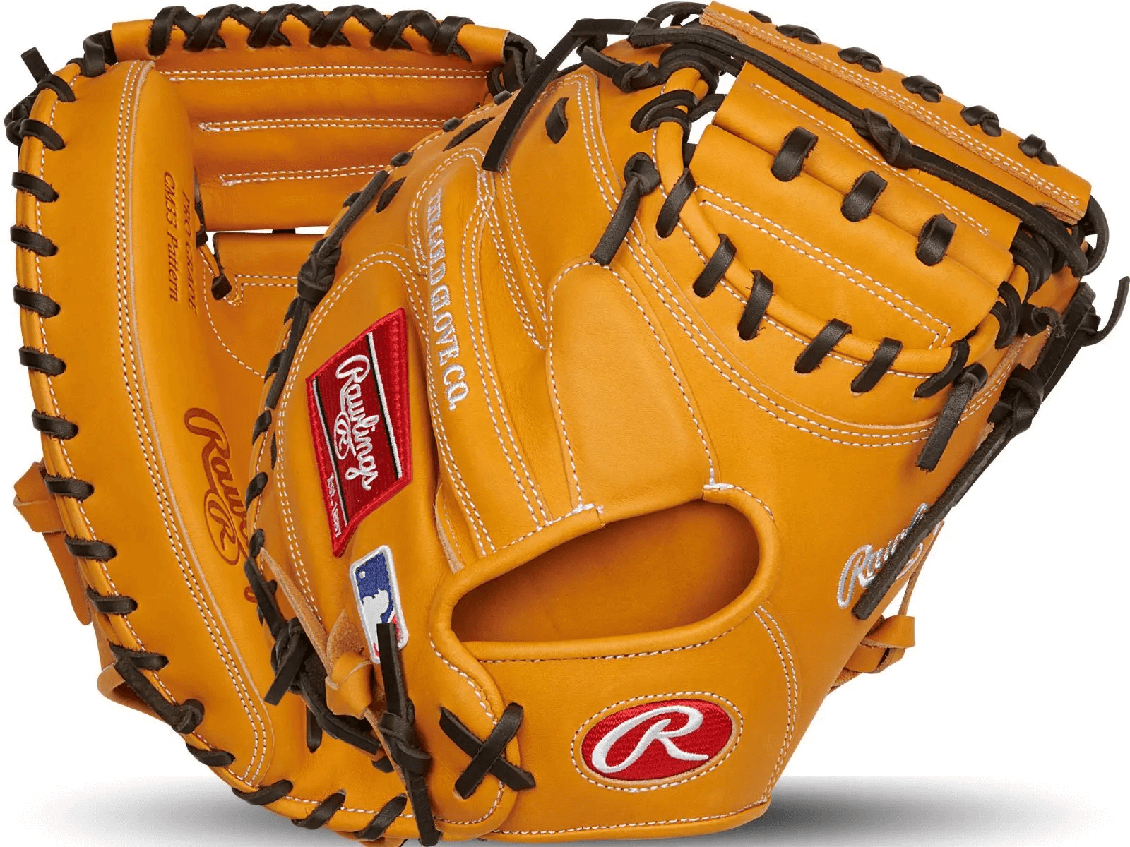 Rawlings Heart of the Hide 33-inch catchers mitt baseball glove in tan color with closed web design.