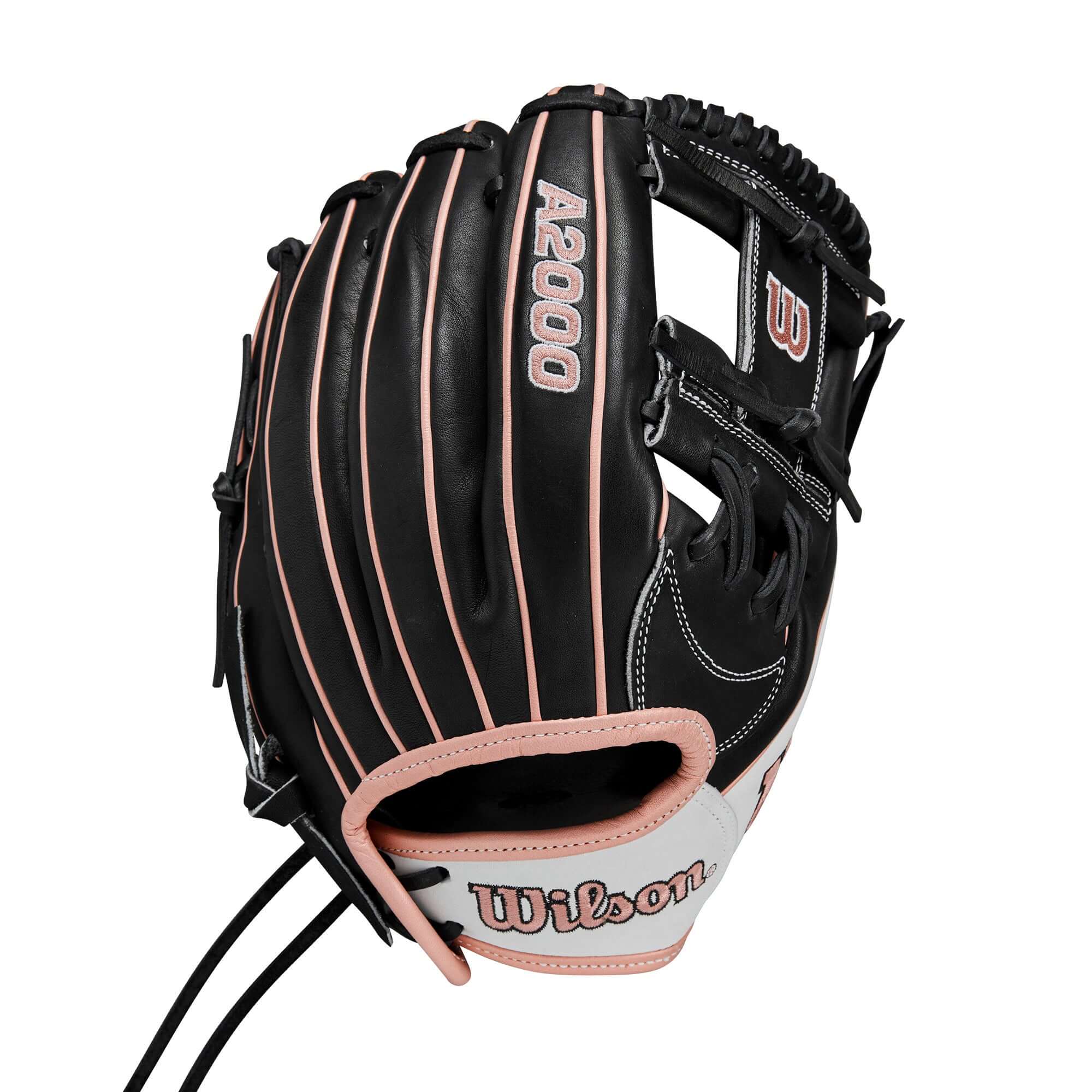 Wilson 2024 A2000FP H12 12" infield glove in black and rose gold, featuring H-Web construction and soft Pro Stock leather.