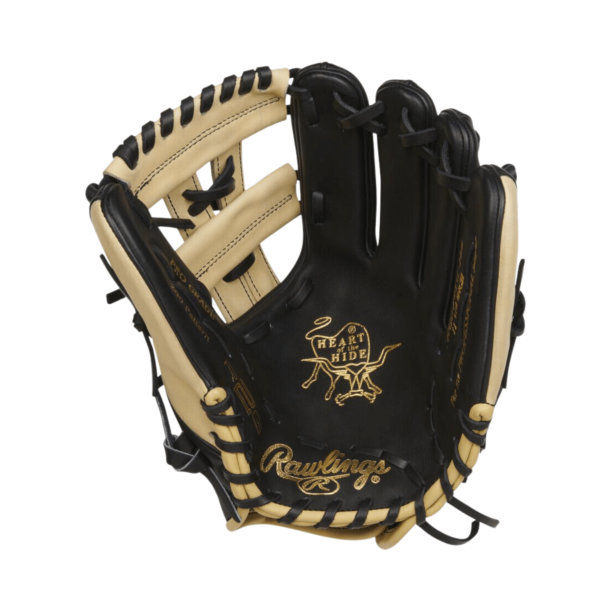 Rawlings Heart of the Hide 11.75" baseball glove with black and tan leather, featuring Contour Technology for optimal fit.