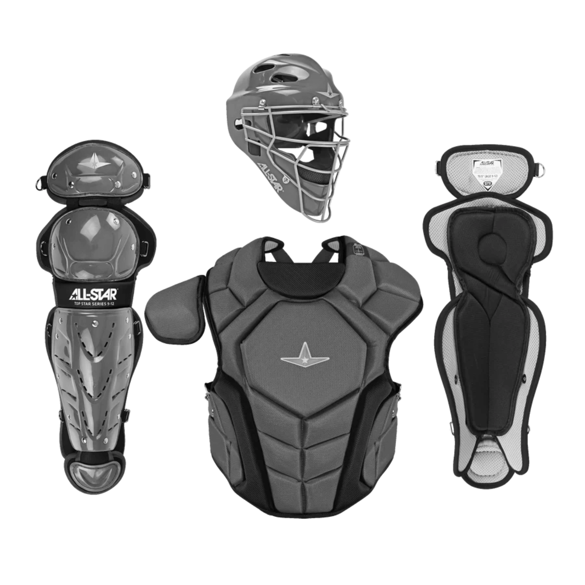 All-Star Top Star Catcher's Kit for ages 7-9, featuring mask, chest protector, and leg guards in sleek design.