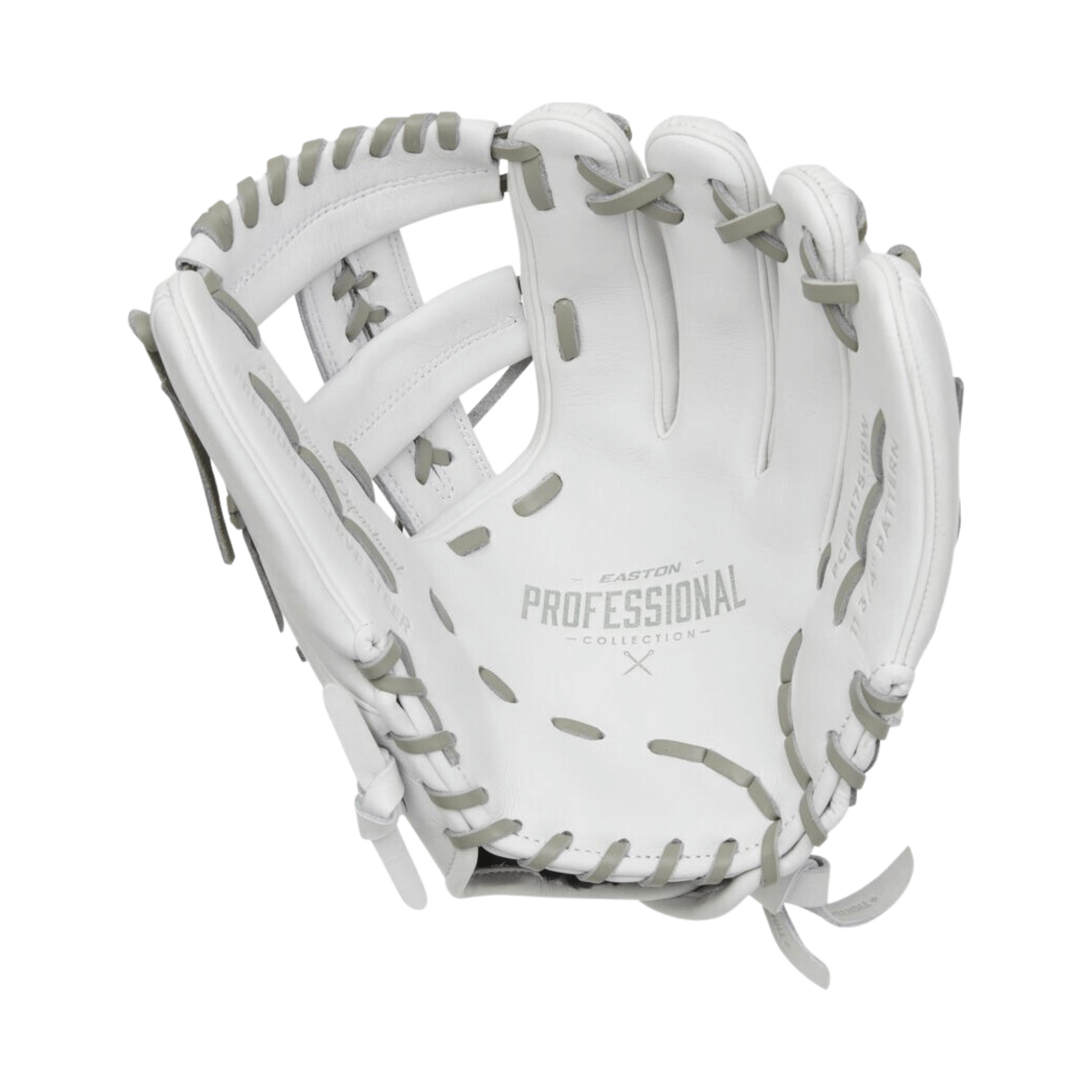 Easton Pro Collection 11.75" softball glove in white and gray, designed for fastpitch players and elite performance.