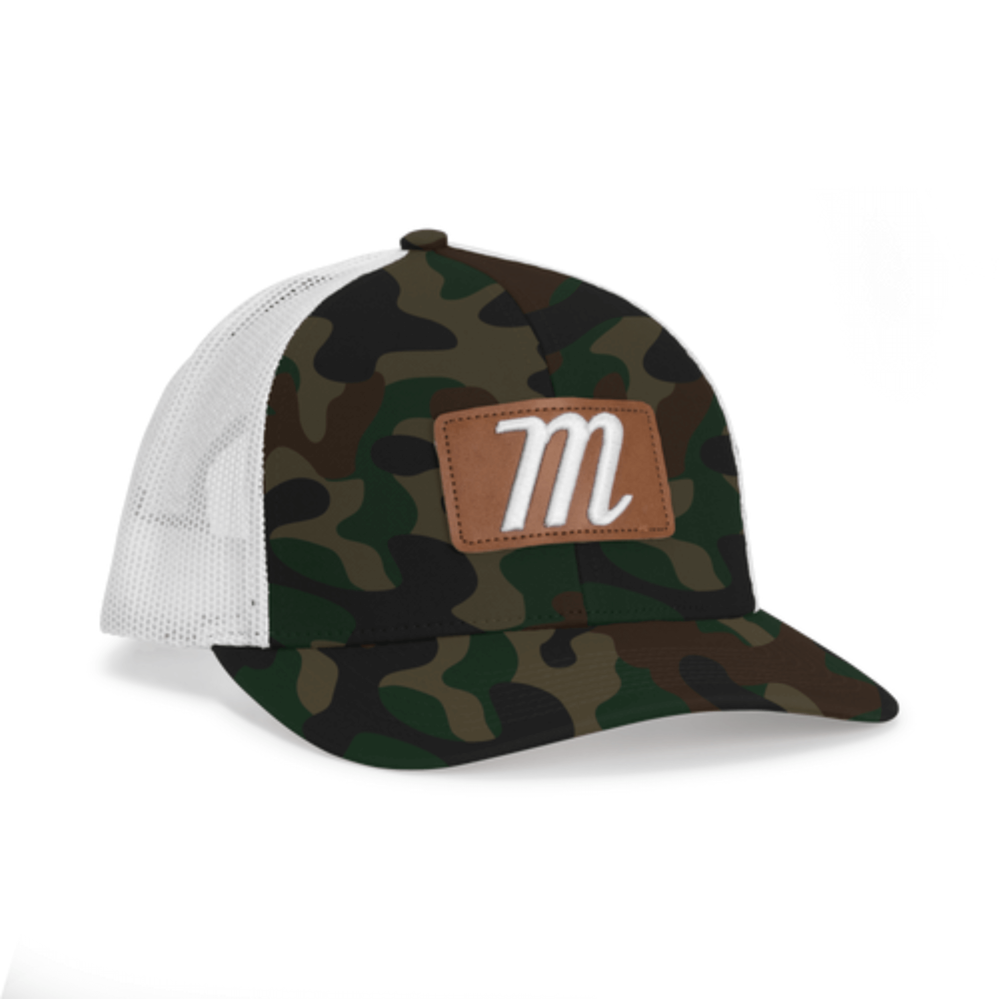 Marucci Capitol Snapback Trucker Hat in Camo/White with leather patch and embroidered 'M' logo, adjustable fit.