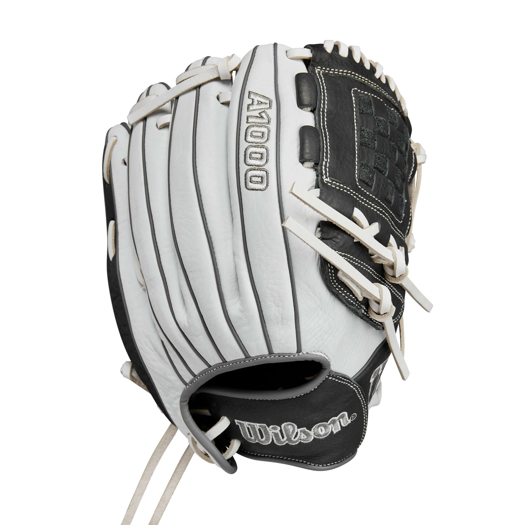 Wilson 2024 A1000 P12 12" pitcher's fastpitch softball glove in white and grey, featuring a two-piece closed weave web design.