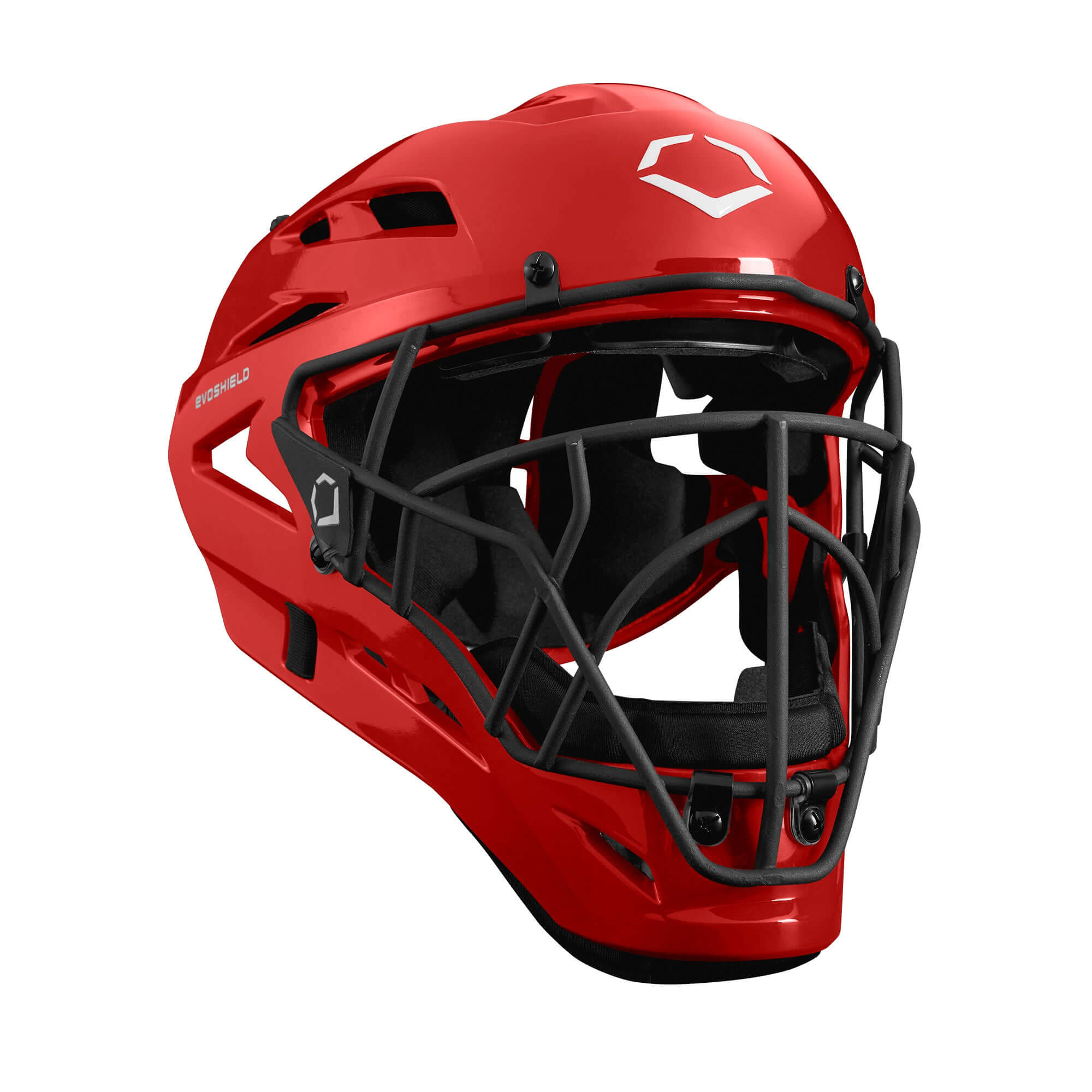 Evoshield Pro-SRZ Solid Catcher's Helmet in Scarlet with low profile facemask for enhanced visibility and comfort.
