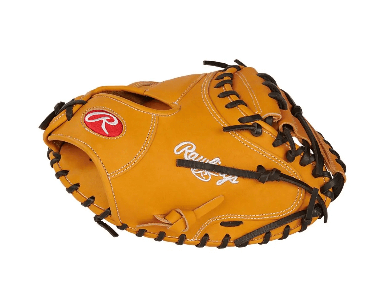Rawlings Heart Of The Hide 33" catchers mitt in tan with black lacing, designed for optimal performance and comfort.