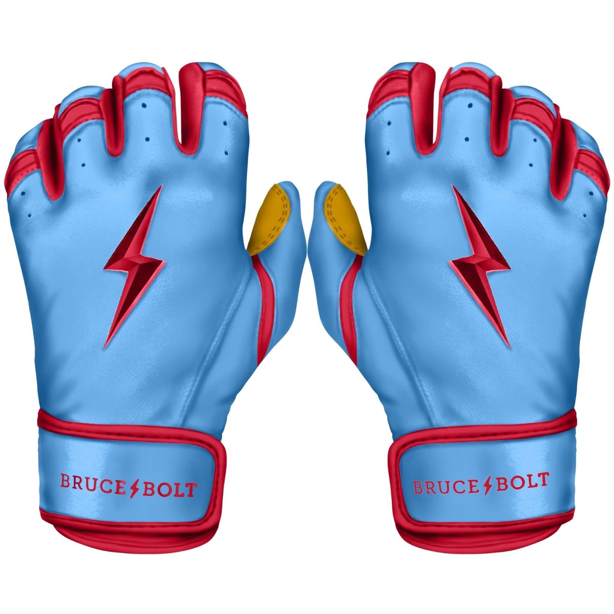 Bruce Bolt Premium Pro Bader Series Baby Blue Short Cuff Batting Gloves featuring a lightning bolt design.