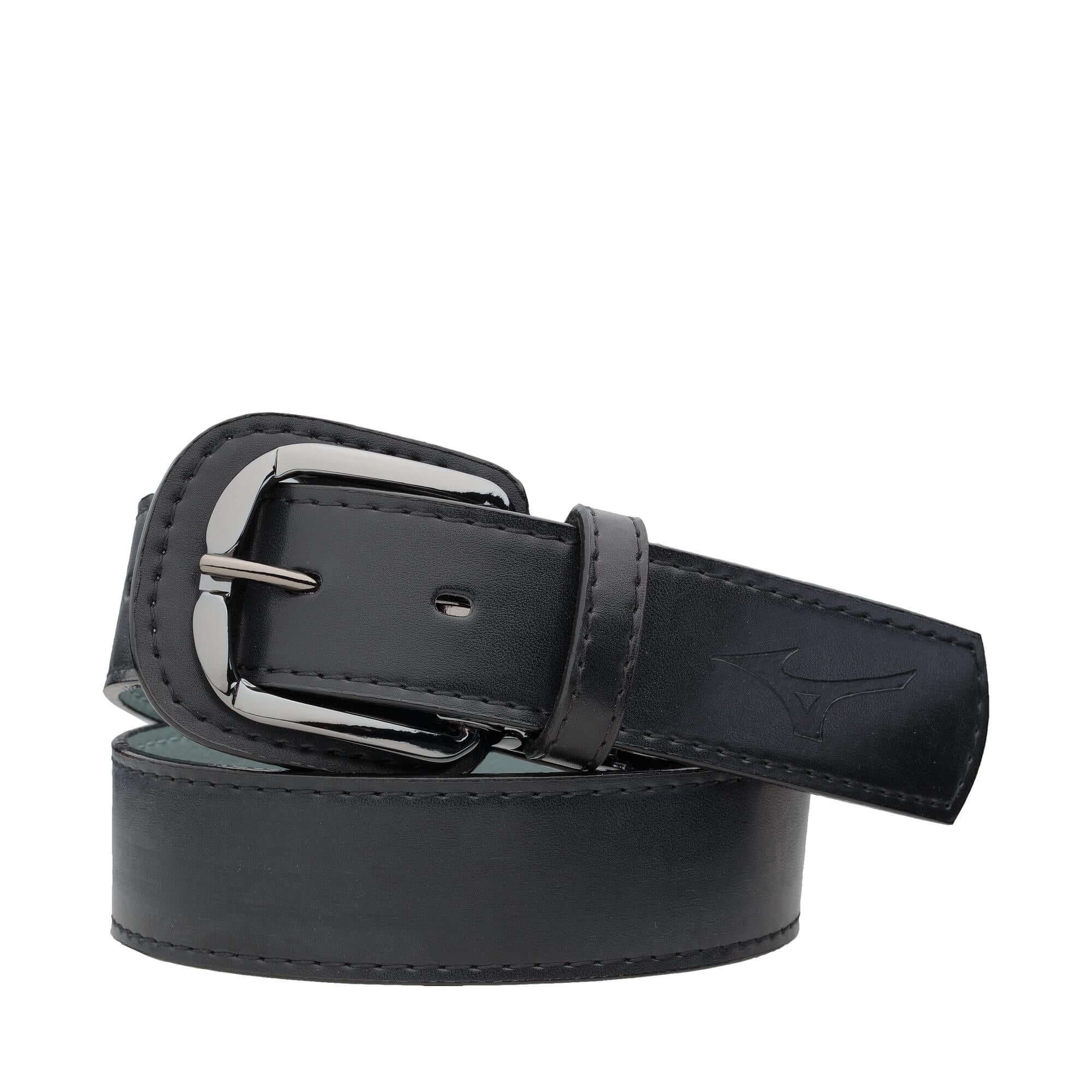 Mizuno Classic Youth Baseball Belt in black leather with polished metal buckle, featuring cut-to-fit design for adjustable size.