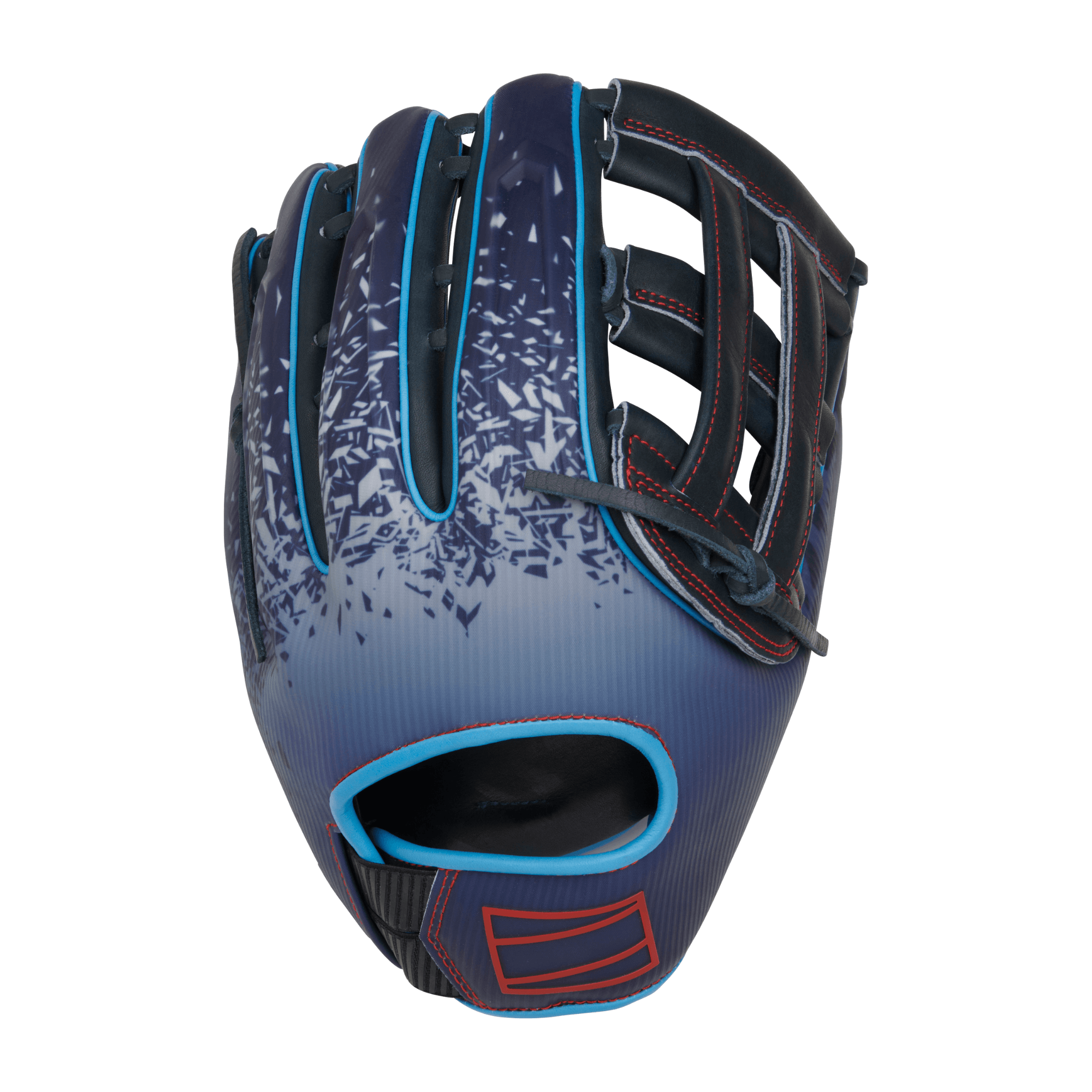 Rawlings REV1X 12.75" baseball glove in navy and white, featuring black Heart of the Hide leather and modern design.