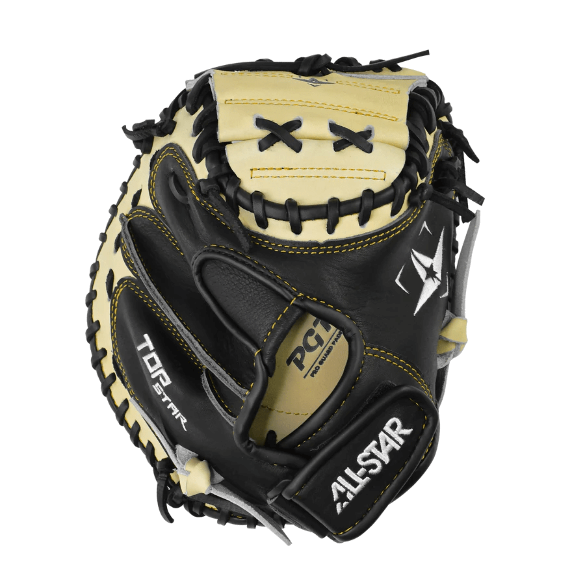 All-Star Adult Top Star Catcher's Mitt 33.5" in black and yellow, featuring adjustable wrist closure and extended pocket design.
