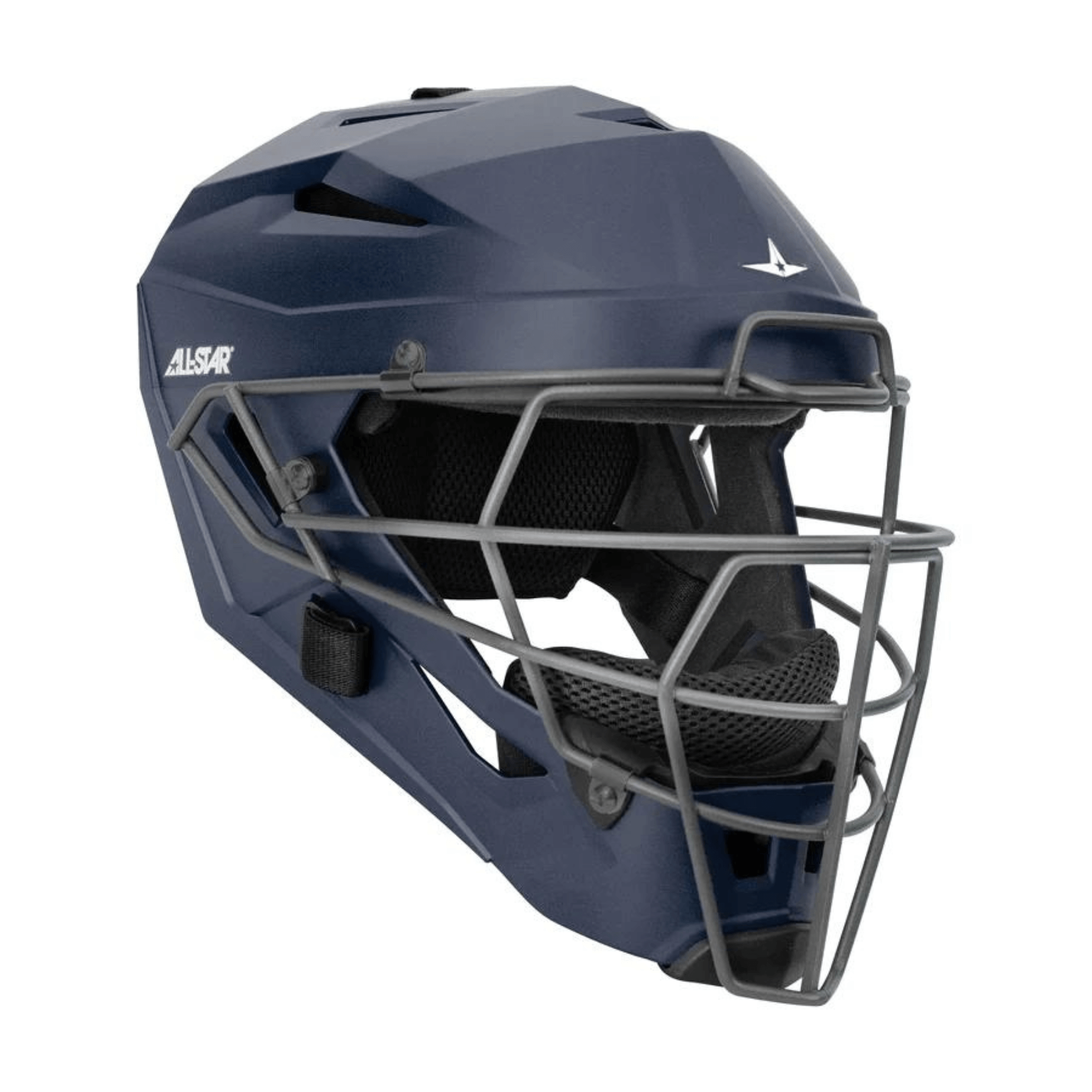 All-Star Youth MVP PRO Catcher's Helmet in matte navy with Deflexion Tech, SEI certified, size small for baseball players.