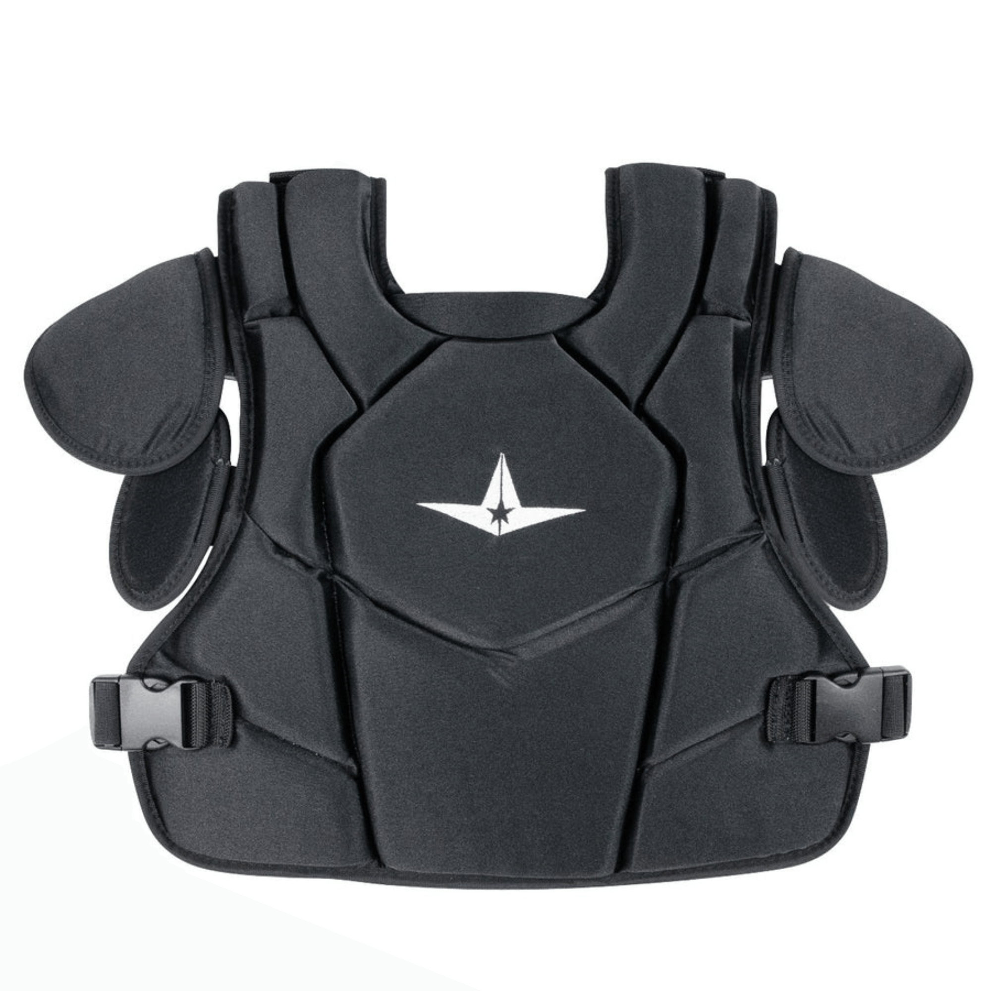 All-Star Pro Internal Shell Umpire Chest Protector in matte black with ergonomic design and DeltaFlex harness.