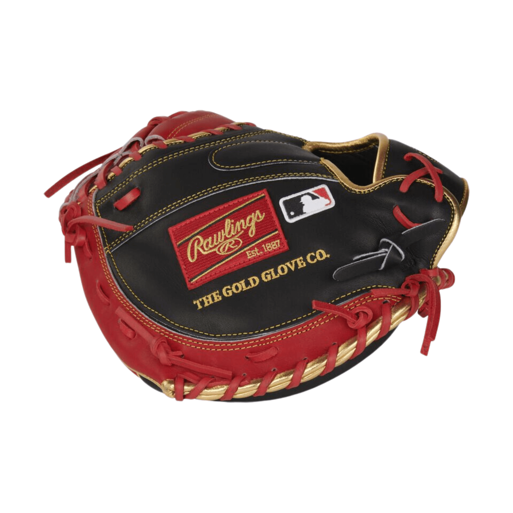 Rawlings Heart of the Hide catcher's mitt in black and red, featuring premium leather and Gold Glove Co. logo.