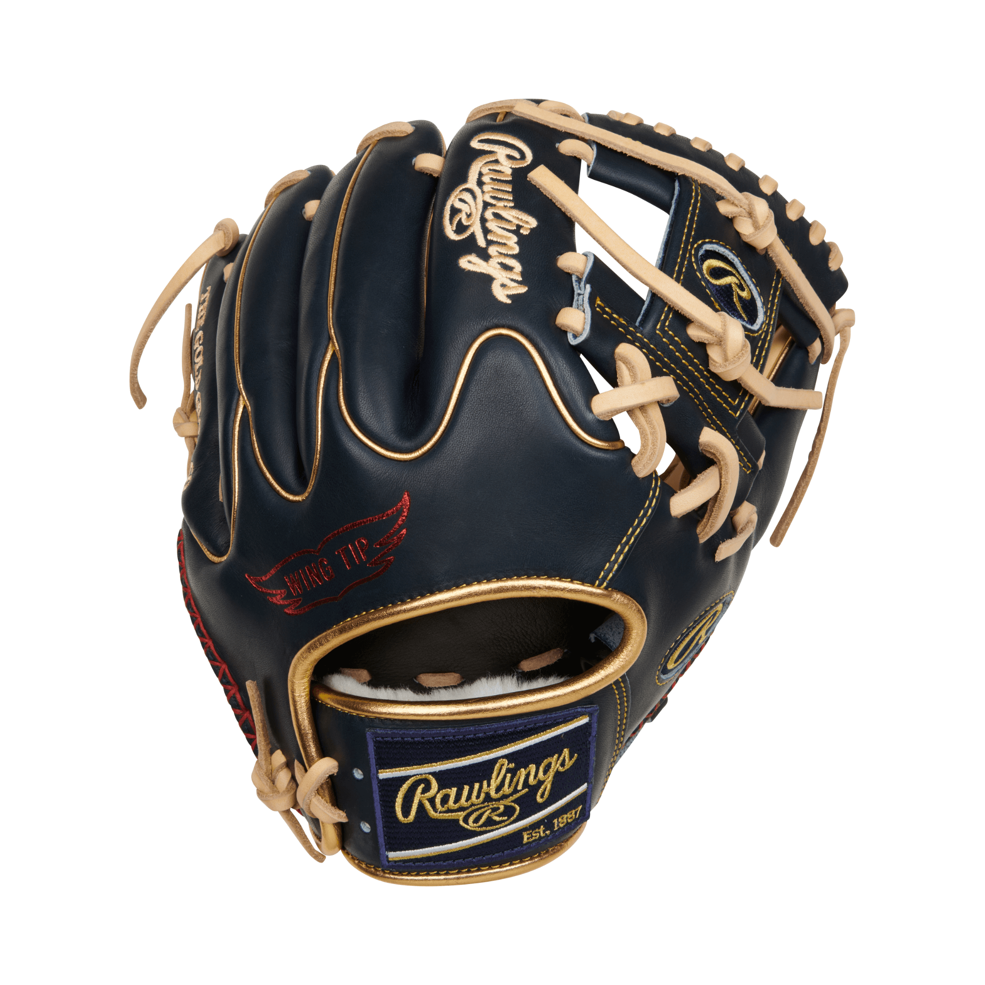 Rawlings Pro Preferred 11.5-inch baseball glove in navy with tan laces, designed for infield players.
