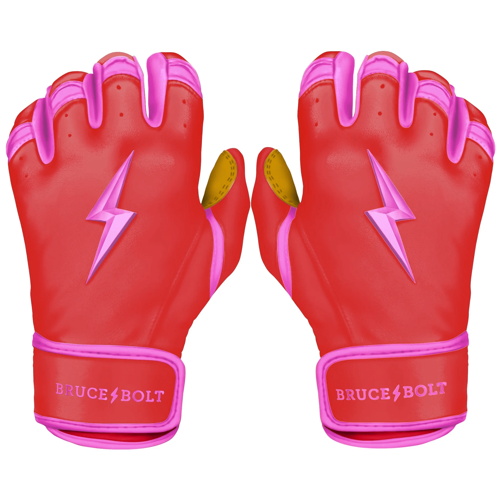 Bruce Bolt Premium Pro Bader Series pink short cuff batting gloves designed for durability and wrist support.