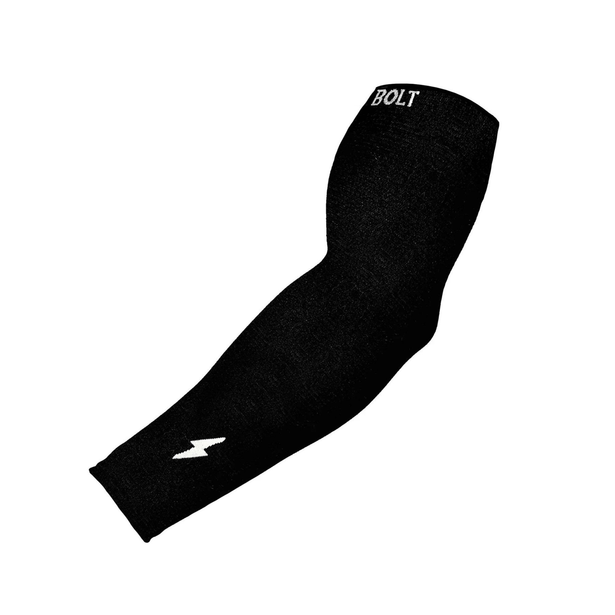 BRUCE BOLT Graduated Compression Premium Arm Sleeve in black, designed for enhanced blood flow and muscle support during sports.
