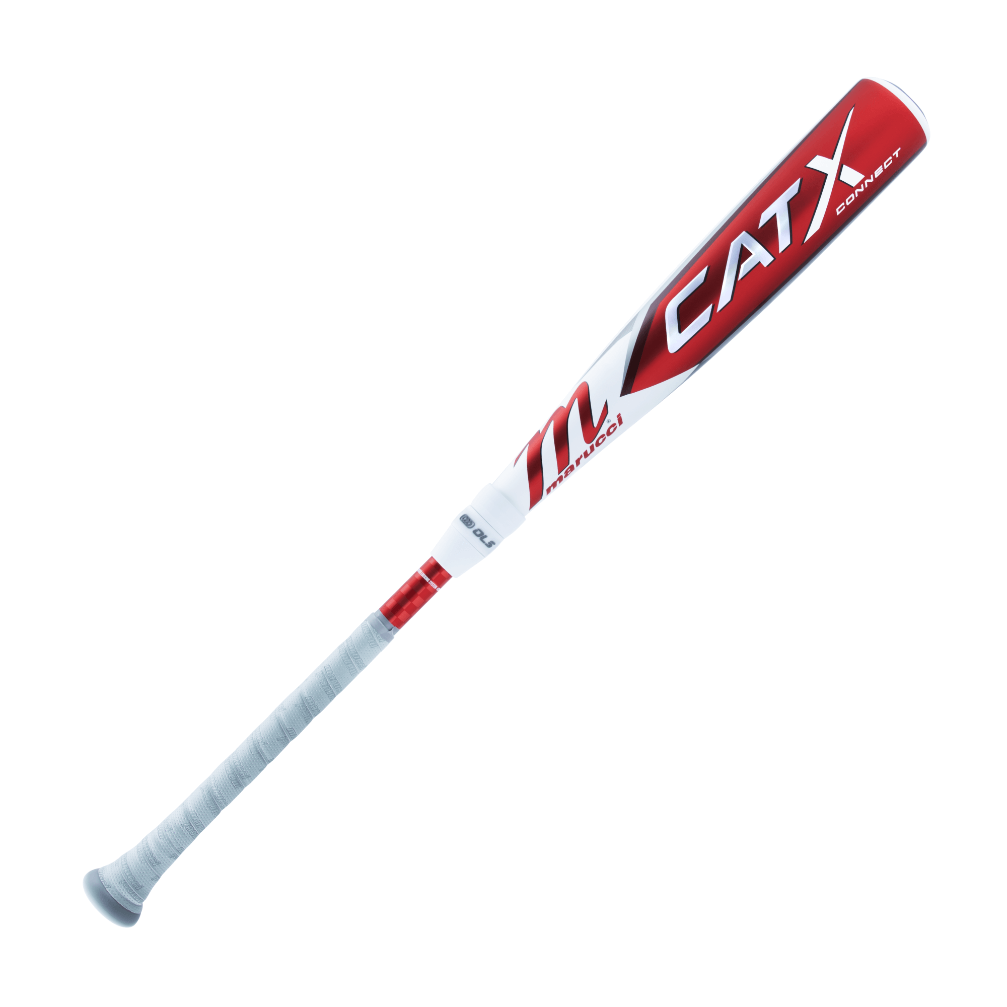 Marucci CATX Connect Senior League -10 baseball bat features a red and white design, promoting faster swings and enhanced performance.