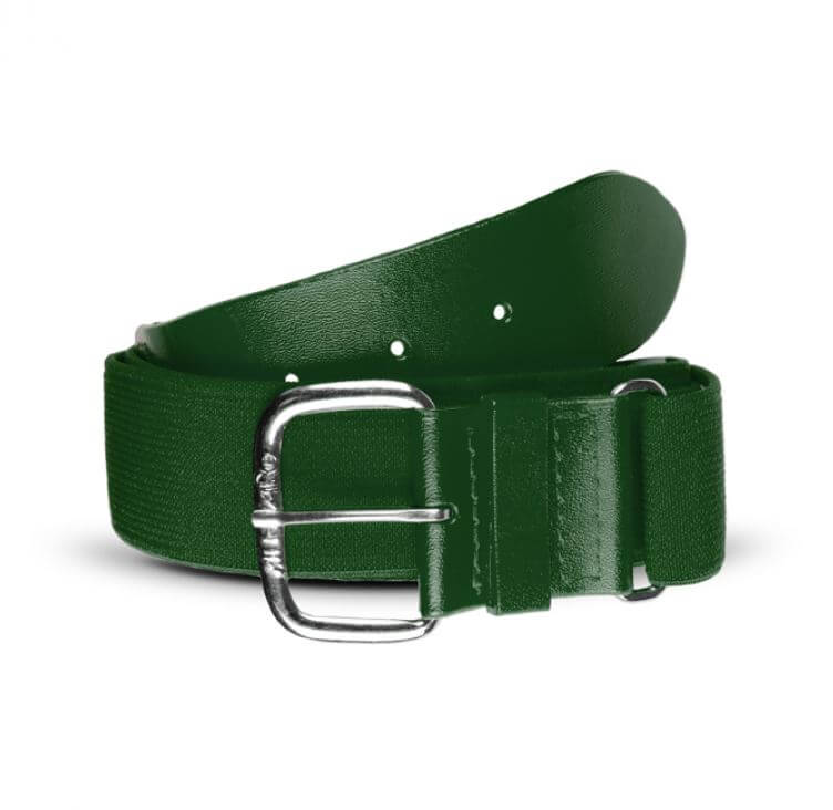 Dark green Helix adjustable elastic belt with nickel-finished buckle and solid PVC tabs, perfect for uniforms and outfits.