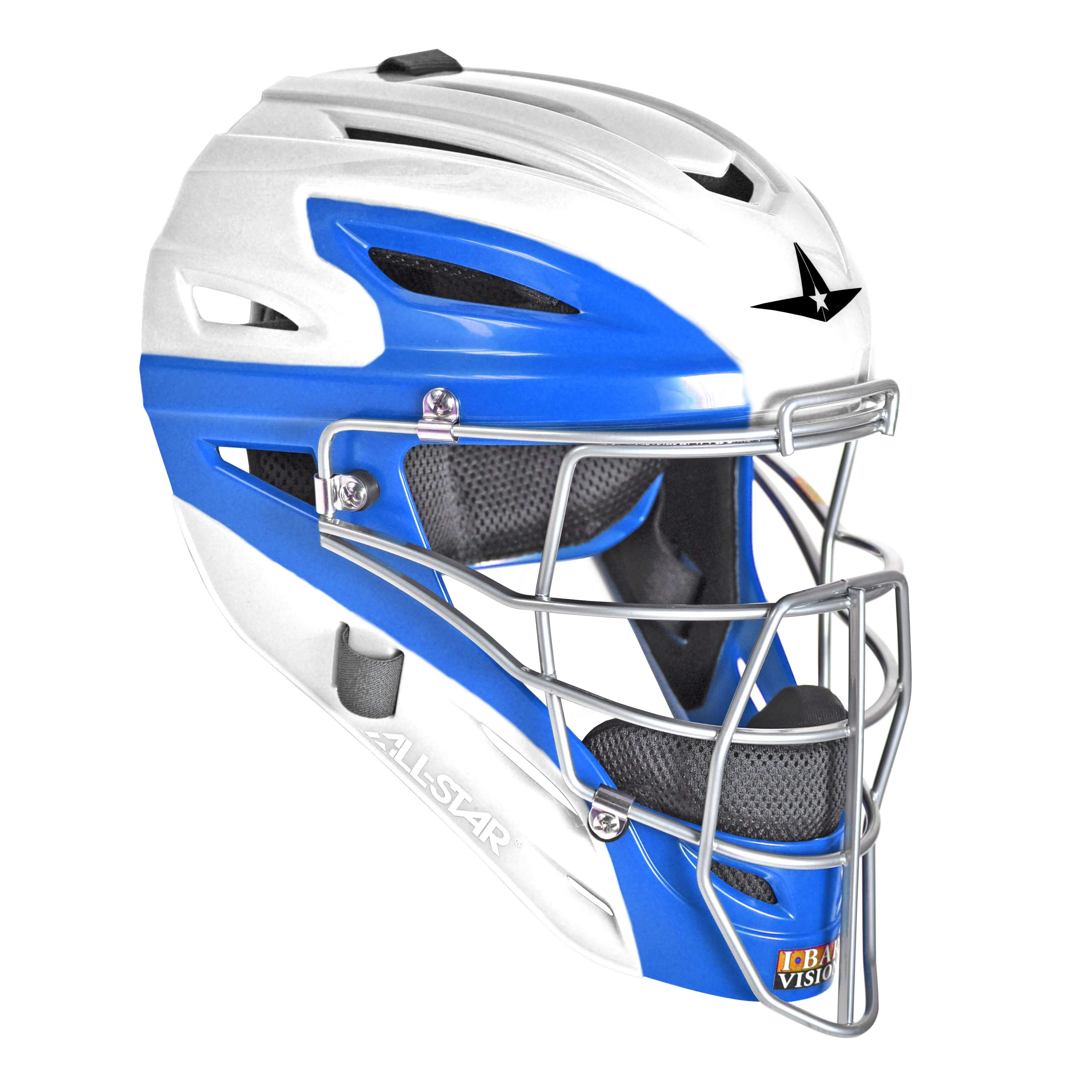 All-Star AFx Fastpitch Helmet in white and royal blue, featuring high-impact ABS shell and MVP design for maximum protection.
